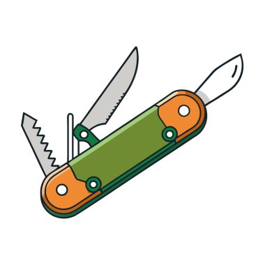 Çok yönlü bir kamp bıçağının, doğa aktiviteleri ve maceralar için pek çok araç gereçle yakın çekimi. Yapay zeka üretildi. Vektör simgesi