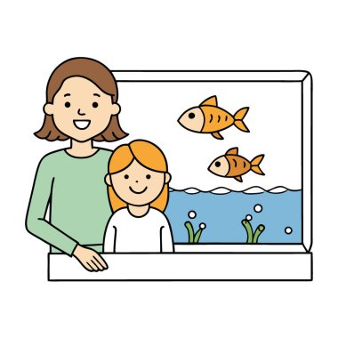 Anne ve kızı akvaryumda balık gözlemliyor. Faiz. Bağlantı. Yapay zekanın ürettiği doğayı takdir etmek. Vektör simgesi