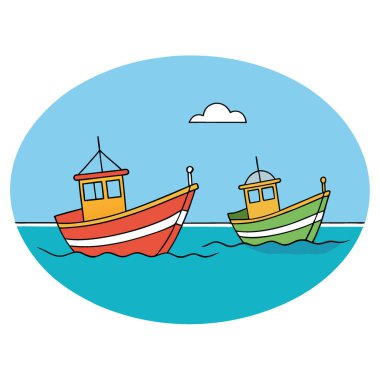 Parlak bir gökyüzünün altında turkuaz bir denizde yüzen iki renkli balıkçı teknesi. Huzurlu bir seyahat sahnesi yaratmak yapay zeka oluşturur. Vektör simgesi