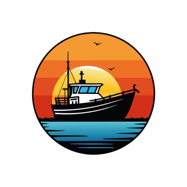Sakin okyanus sularının üzerinde canlı bir günbatımına karşı siluetli bir balıkçı teknesi. Yapay zekanın oluşturduğu pitoresk bir deniz sahnesi yaratmak. Vektör simgesi
