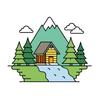 Büyüleyici şelale manzaralı yemyeşil bir ormana kurulmuş ücra bir balıkçı kulübesi. Balık tutmak. Pansiyon. Vahşi doğa. Doğa. Yapay zeka üretildi. Vektör simgesi