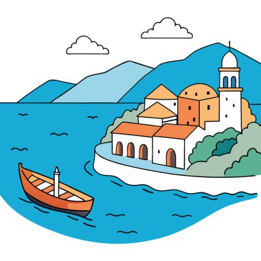 Huzurlu sahil köyünde tekne gezintisi. Hava manzaralı canlı sular. Akdeniz iklimi sakin ortamı. Yapay zeka üretildi. Vektör simgesi