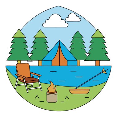 Kanoyla Lakeside kamp kurma sahnesi. Sandalyeler. Balıkçı kıyafeti. Ve Yeşil Ağaçlar Doğada Barışçıl İnziva İçin. Yapay zeka üretildi. Vektör simgesi