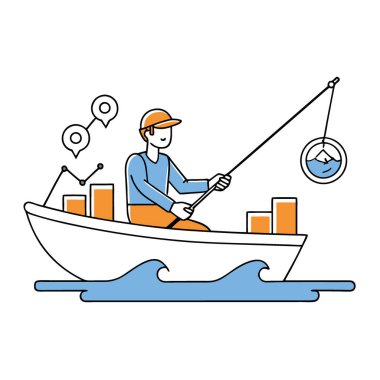 SEO balıkçılığı web trafiğinde bocalıyor. SEO taktiklerini olta ve ağ trafiğini balık olarak kullanan bir teknedeki kişi. Yapay zeka üretildi. Vektör simgesi