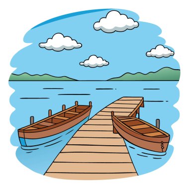 Huzurlu bir liman sahnesinde, sakin bir su ve nefes kesici bir gökyüzü olan, kırsal bir rıhtım boyunca dizilmiş ahşap botlar vardı. Vektör simgesi