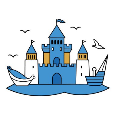 Önünde mavi balıkçı tekneleri olan bir ortaçağ kalesi ya da kalesi. Gökyüzünde uçan martılarla çevrili. Yapay zeka üretildi. Vektör simgesi