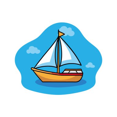 Serin, minyatür bir yelkenli, canlı, mavi bir arka planda duruyor. Yapay zekanın yarattığı huzur ve macera hissini uyandırıyor. Vektör simgesi
