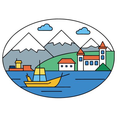 Karla kaplı dağların altındaki sakin suları yansıtan renkli teknelerle sakin bir kıyı kasabası manzarası. Yapay zeka üretildi. Vektör simgesi