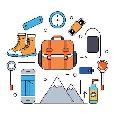 Görsel olarak organize edilmiş seyahat ekipmanları ve aksesuarları. Yapay Zeka 'nın yarattığı doğa maceraları için temel öğelerin altını çiziyorum. Vektör simgesi