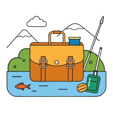 Göl kıyısında çeşitli ekipmanlarla dolu bir balık torbası. Açık hava malzemesi kavramı. Balık malzemeleri. Oltaya. Ve seyahat. Yapay zeka üretildi. Vektör simgesi