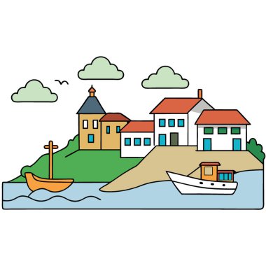 Boğazın kıyısındaki evler ve otellerin manzarası. Zevk teknesi ve balıkçı tekneleri suda yüzer. Yapay zeka üretildi. Vektör simgesi