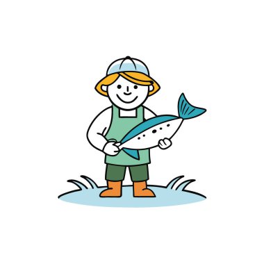 Suyun üstünde elinde taze bir balığı tutan bir insan. Yapay Zeka 'nın yaptığı başarılı bir balık avının görüntülerini sergiliyorum. Vektör simgesi