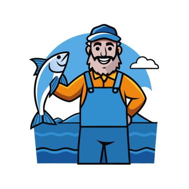 Deneyimli bir balıkçı taze yakalanmış bir balığı tutuyor. Yapay zekanın yarattığı engebeli kıyı şeridi ve derin mavi deniz. Vektör simgesi