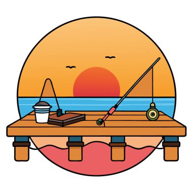 Gün batımında ahşap bir rıhtımda dinlenen balık ekipmanları. Sakin sularda turuncu ve pembe renkli canlı renkleri yansıtan yapay zeka. Vektör simgesi