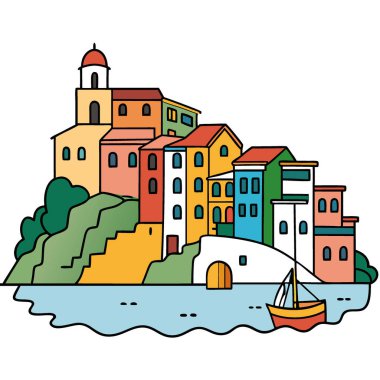 Huzurlu balıkçı köyü Riomaggiore kayalık renkli binalar Cinque Terre Sahili. İtalyan Akdeniz Avrupası. Yapay zeka üretildi. Vektör simgesi