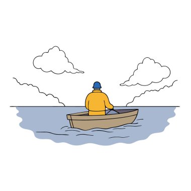 Gölün ortasında teknede oturan yalnız bir adamın siluetinin arka görüntüsü. Bulutlu. Puslu. Sis perdesi yapay zeka oluşturdu. Vektör simgesi