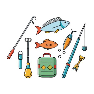 Balık resimleriyle düzenlenmiş çeşitli balıkçılık ekipmanları ve aletleri. Balıkçıların ihtiyaçları için çeşitli eşyalar gösteriliyor. Yapay zeka üretildi. Vektör simgesi