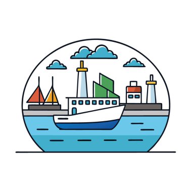 Yelkenli modern bir su limanı sahnesi. Yatlar. Buharlı gemi. Ve balıkçı tekneleri. Yapay zekanın oluşturduğu izole bir işaret seti olarak sunuluyor. Vektör simgesi