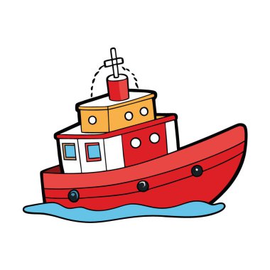 Sakin sularda yüzen canlı kırmızı bir römorkör. Yapay zekanın oluşturduğu beyaz bir geçmişe sahip deniz operasyonları gösteriliyor. Vektör simgesi