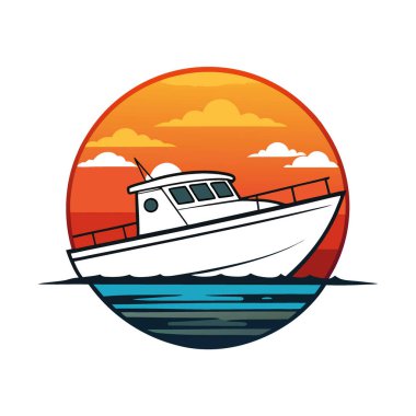 Suyun yüzeyine yansıyan kızgın renkleri ile canlı bir günbatımı altında süzülen bir beyaz tekne. Yapay zeka üretildi. Vektör simgesi