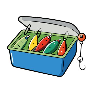 Alet kutusunda renkli balık yemi. Çeşitli yem seçenekleri. Balık tutma gezileri için düzenlenmiş. Balık ekipmanları konsepti. Yapay zeka üretildi. Vektör simgesi