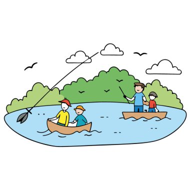 Huzurlu Aile Balık Avı Serene Riverbank 'te. Etrafında yatıştırıcı Doğa ve Uçan Kuşlar var. Yapay zeka üretildi. Vektör simgesi