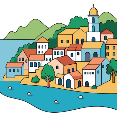 Resimli Akdeniz köyü bir kıyı koyuna kurulmuş. Renkli evler. Sakin turkuaz su. Yapay zekanın yarattığı cennet manzarası. Vektör simgesi