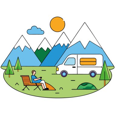Güneşli bir günde dağlarla çevrili bir karavanla sakin bir göl kenarı kamp alanında dinleniyor. Yapay zeka üretildi. Vektör simgesi