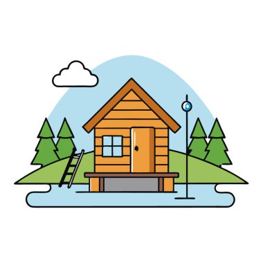 Gölün kıyısında bir balıkçı kulübesi. Sakin doğal ortamda ve sükunette macera arayan balıkçılar için mükemmel. Yapay zeka üretildi. Vektör simgesi