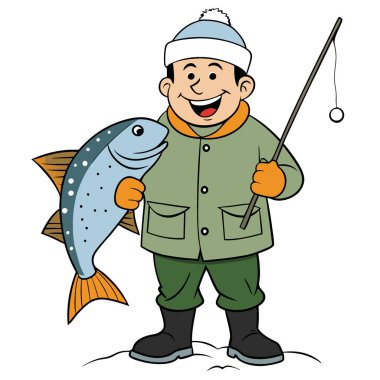 Gülümseyen bir balıkçı karlı koşullarda büyük bir balık tutar. Yapay zekanın oluşturduğu bir kış balık avı sırasında başarılı bir avlanma gösterisi. Vektör simgesi