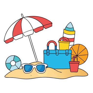 Yaz tatili için gerekli şeyler. Şemsiyeler. Güneş gözlüğü. Ve yapay zekanın ürettiği kıyı tatilinde güneşin tadını çıkarmak için oyuncaklar. Vektör simgesi