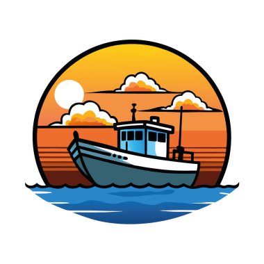 Gün batımında dramatik bulutlar ve canlı renklerle balıkçı teknesi manzaralı okyanus manzarasında su yüzeyine yansıyor. Yapay zeka üretildi. Vektör simgesi