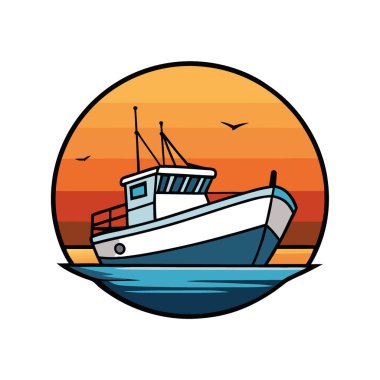 Gün batımında açık denizde balıkçı teknesi. Doğa fotoğrafçılığı için olası kullanım alanı. Deniz manzarası. Ya da denizcilik faaliyetleri. Yapay zeka üretildi. Vektör simgesi