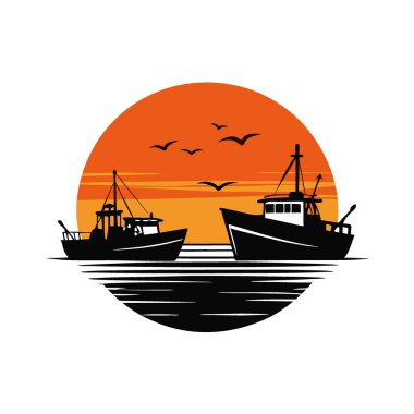 Gün batımına karşı balıkçı tekneleri silueti. Sakin suları yansıtan canlı bir gökyüzünde uçan kuşlarla. Yapay zeka üretildi. Vektör simgesi