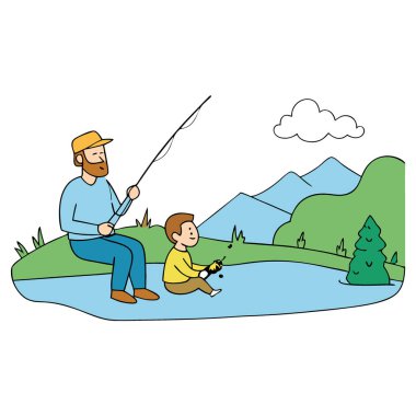 Huzurlu Aile Balıkçılığı Gezisi Baba ve Oğlu Serene Nehri 'nin kenarında katlanır sandalyelerle dinleniyor. Doğanın Huzuru 'nun tadını çıkarıyorum. Yapay zeka üretildi. Vektör simgesi