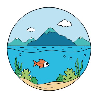 Deniz manzarası ve kristal berrak su altında balıklı mercan resifi. Seyahat ve turne reklam konsepti yapay zeka üretti. Vektör simgesi