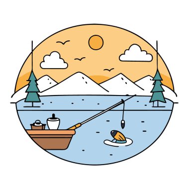 Şafak vakti sisli bir gölde sakin bir balık avı. Olta ve olta oltası olta için ayarlandı. Lakeside eğlence tarzı. Yapay zeka üretildi. Vektör simgesi