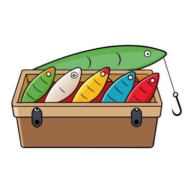 Renkli balık yemi, sakin bir göl kenarı ortamında bir günlük balığa hazır ahşap bir olta kutusunda güzelce düzenlenmiş. Yapay zeka üretildi. Vektör simgesi