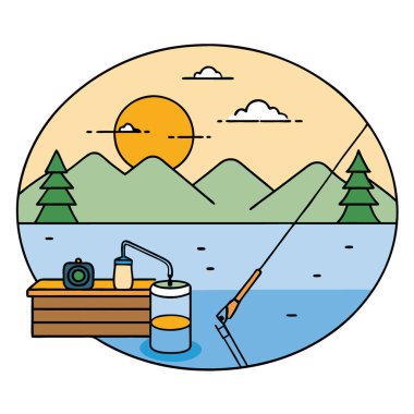 Şafakta sakin bir gölde ferahlatıcı bir balık avı. Olta ve yem oltaya takıldı. Lakeside eğlence tarzı. Yapay zeka üretildi. Vektör simgesi