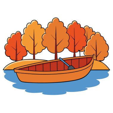Ahşap bir kayık sakin bir gölde yüzüyor. Sabahın erken saatlerinde sakin sularda canlı sonbahar ağaçlarını yansıtıyor. Yapay zeka üretildi. Vektör simgesi