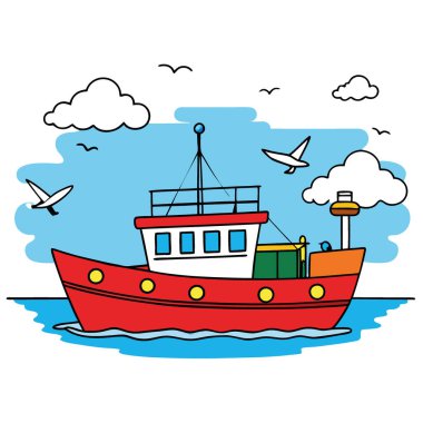 Canlı bir balıkçı teknesi, bulutları kabarık ve yükselen kuşlarla berrak mavi bir gökyüzünün altında huzur içinde yüzüyor. Vektör simgesi