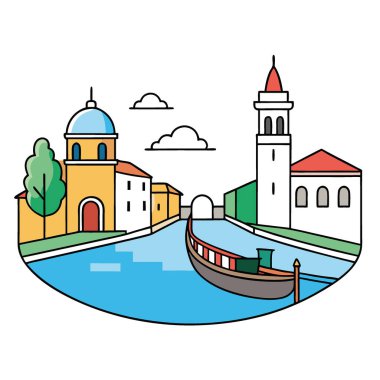 Huzurlu kanalları ve tarihi Venedik sanat eserlerini keşfederek sakin su yolu manzaralı kültürel mirası resmetmek. Yapay zeka üretildi. Vektör simgesi