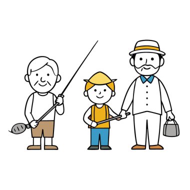 Üç kuşak insan büyükbaba. Baba ve torun sabahın erken saatlerinde birlikte balık tutuyorlar. Babalar Günü kavramı. Yapay zeka üretildi. Vektör simgesi