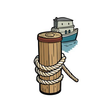 Halata sarılmış yıpranmış bir rıhtımın yakın çekimi. Arka planda bir balıkçı teknesi var. Kıyı cazibesini uyandıran yapay zeka. Vektör simgesi