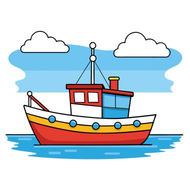 Canlı bir balıkçı teknesi, mavi gökyüzünün altında, tüylü bulutlarla sakin bir denizde süzülür. Yapay zekanın oluşturduğu kıyı temaları için mükemmel. Vektör simgesi