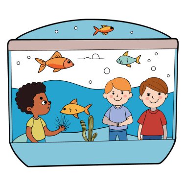Çocuklar güzel bir akvaryumdaki çeşitli deniz yaşamını izlemekten zevk alırlar. Merak uyandıran ve biyolojiyi öğrenen yapay zeka. Vektör simgesi