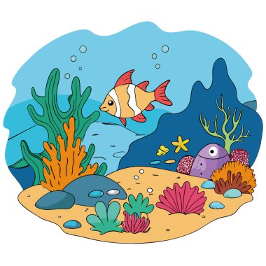 Tropikal bir ortamda canlı mercan resiflerini ve çeşitli sualtı yaşamlarını göz kamaştırıcı oluşumlar ve renkler ile keşfetmek. Yapay zeka üretildi. Vektör simgesi