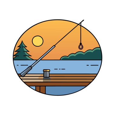 Aynaya benzeyen göle bakan ahşap bir iskelede olta kamışı. Yapay zekanın yarattığı şafakta ya da alacakaranlıkta balığın huzurlu özünü yakalamak. Vektör simgesi