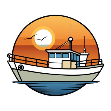 Gün batımında demir atmış bir balıkçı teknesi. Sakin suların üzerine sıcak bir ışık saçıyor. Yapay zekanın ürettiği deniz ve doğa temaları için mükemmel. Vektör simgesi
