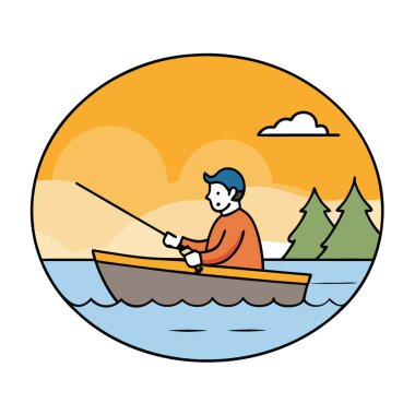 Baba ve oğul, baş döndürücü altın gündoğumunda sakin bir gölde, küçük tahta bir teknede huzurlu bir balık avına çıkıyorlar. Yapay zeka üretildi. Vektör simgesi